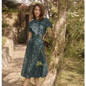EUC Hill House Lily Midi Dress Women XL Midnight Garden 100% Linen Floral Belted